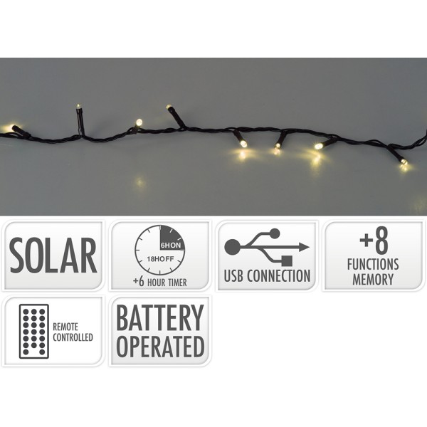 Guirnalda solar recargable, multifunción, uso interior/exterior, luz cálida, 480 leds, 21,6 m, con control remoto
